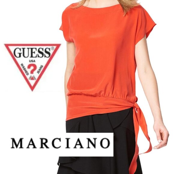 Guess by Marciano Silk Red Short Sleeves with Belt Top (Faint spots at fabric) - Picture 1 of 11